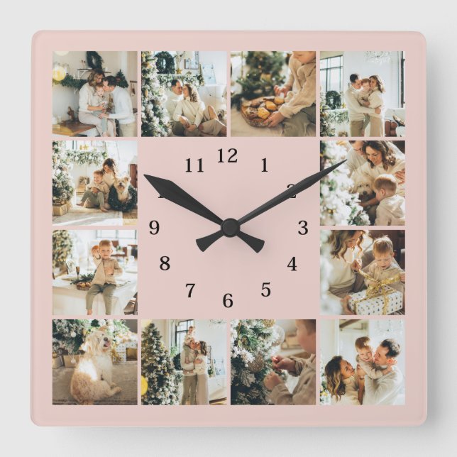 Modern Family Photo Collage Blush Pink Keepsake Square Wall Clock (Front)