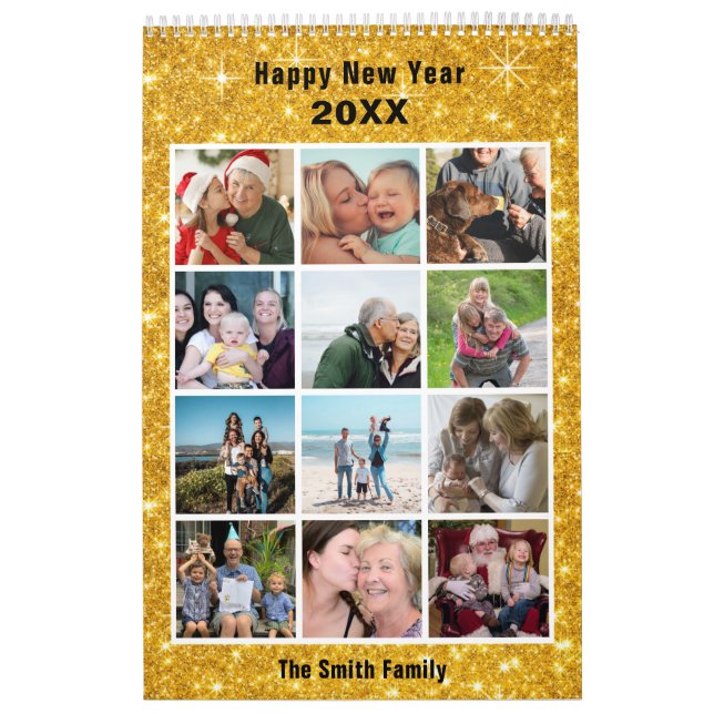 Modern Family Photo Collage Gold Glitter Custom  Calendar (Cover)