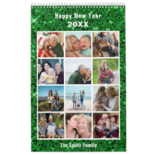 Modern Family Photo Collage Green Glitter Custom Calendar