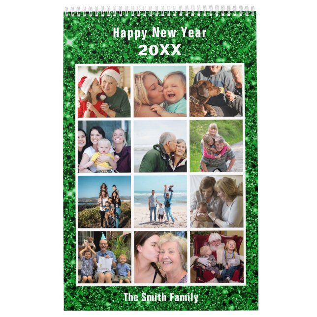 Modern Family Photo Collage Green Glitter Custom Calendar (Cover)