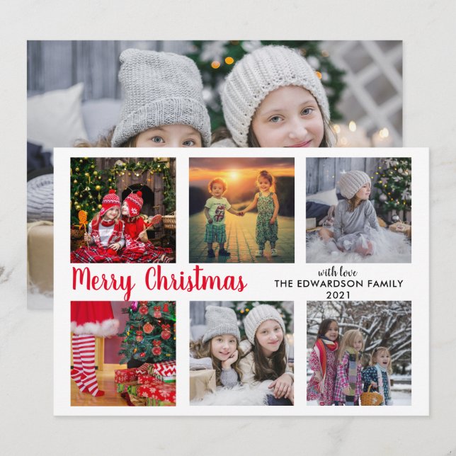Modern family photo collage Merry Christmas Holiday Card (Front/Back)