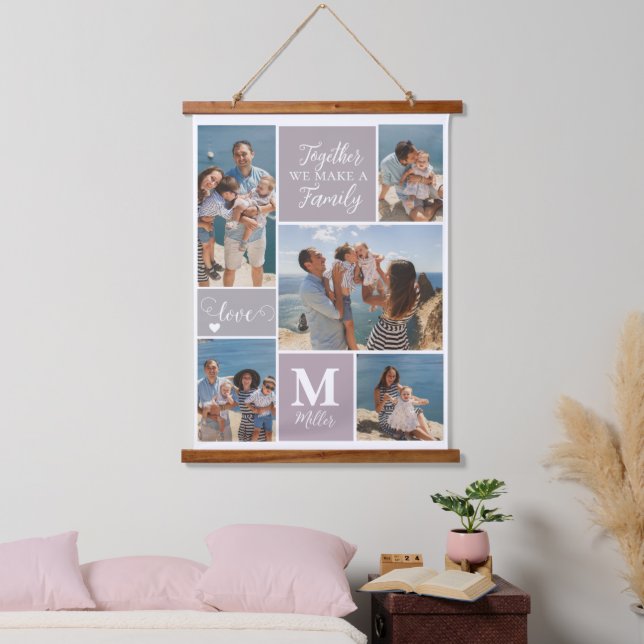 Modern FAMILY Photo Collage Monogram Name 5 photos Hanging Tapestry (Bedroom)
