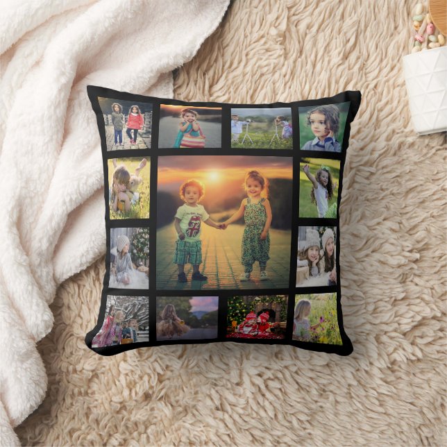 Modern family photo collage monogram name black th cushion (Blanket)