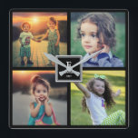 Modern Family photo collage monogram name Square Wall Clock<br><div class="desc">Family photo collage clock. You can add 4 photos.
Add your own personal photos to personalise the clock and add your own name,  monogram and year.
 If you need help please contact me.</div>