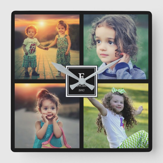 Modern Family photo collage monogram name Square Wall Clock (Front)