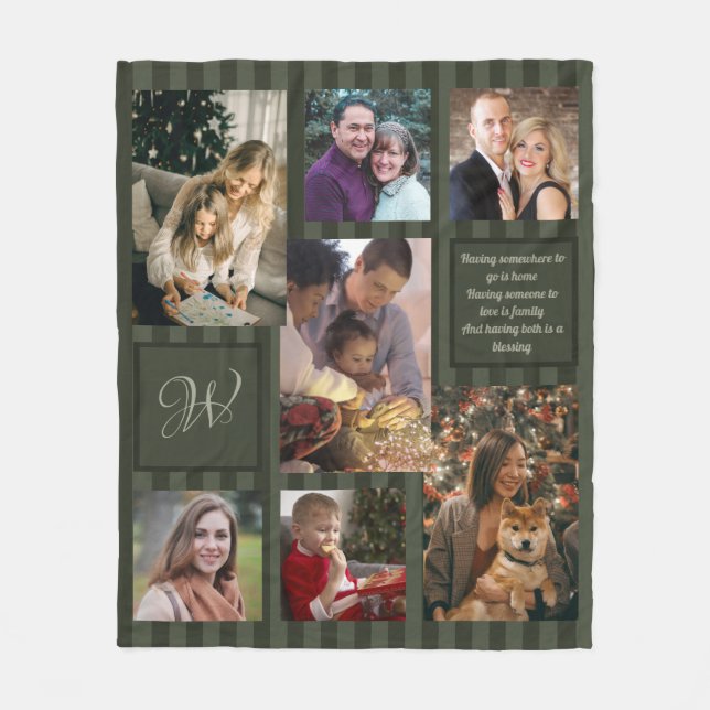 Modern Family Photo Collage Monogram Text Template Fleece Blanket (Front)
