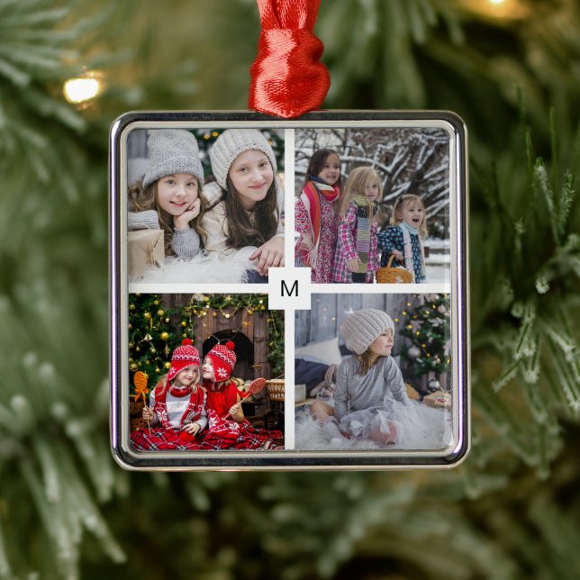 Modern family photo collage monogrammed Christmas Metal Ornament (Tree)