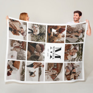 Modern Family Photo Collage   Monogrammed Keepsake Fleece Blanket