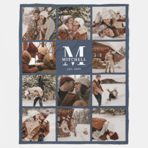 Modern Family Photo Collage Monogrammed Navy Blue Fleece Blanket