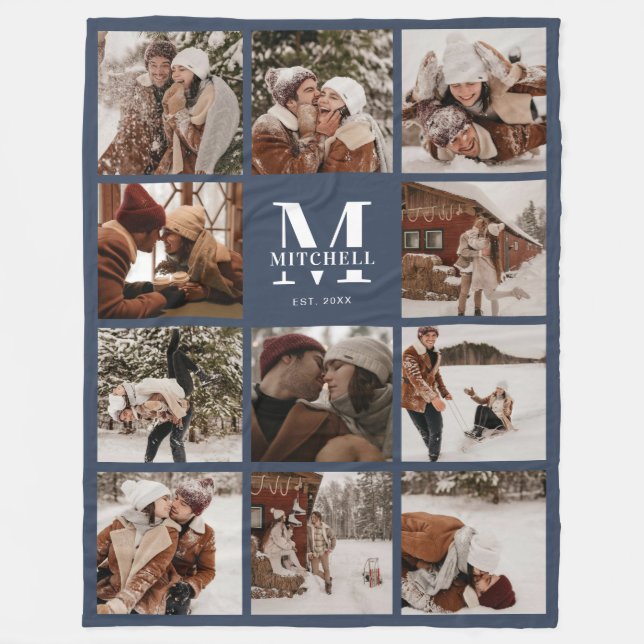 Modern Family Photo Collage Monogrammed Navy Blue Fleece Blanket (Front)