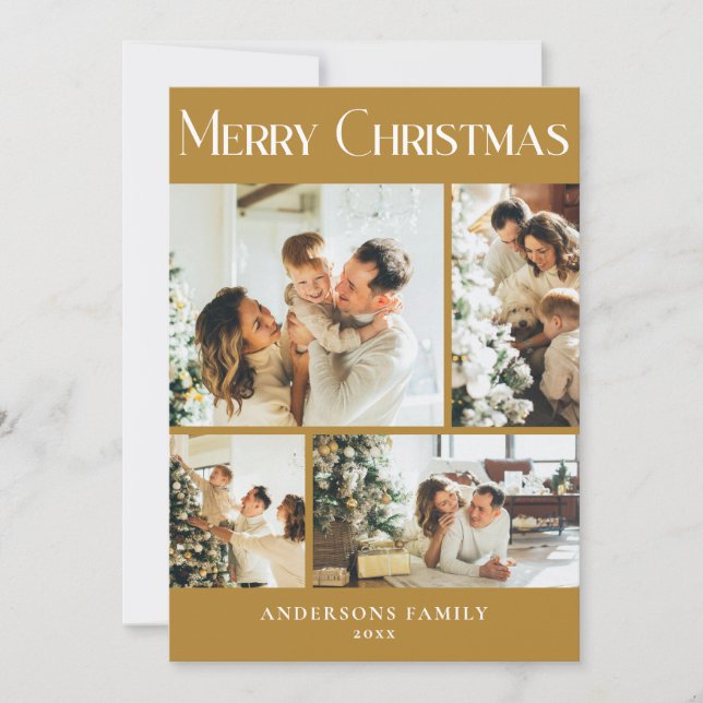 Modern Family Photo Collage Mustard Gold Christmas Holiday Card (Front)