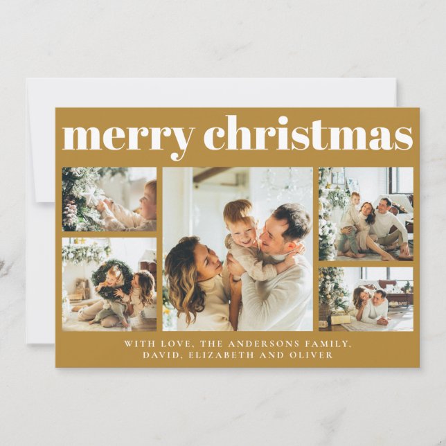 Modern Family Photo Collage Mustard Gold Christmas Holiday Card (Front)