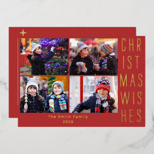 Modern Family Photo Collage Red Merry Christmas Foil Holiday Card