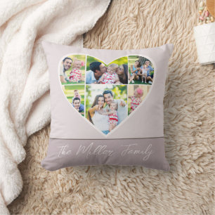 Modern FAMILY Photo Collage Script Heart with Name Cushion