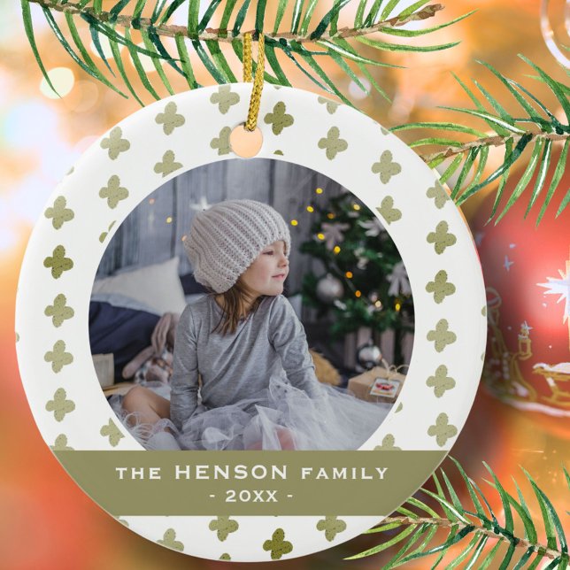 Modern Family Photo Floral Pattern Christmas  Ceramic Ornament (Creator Uploaded)