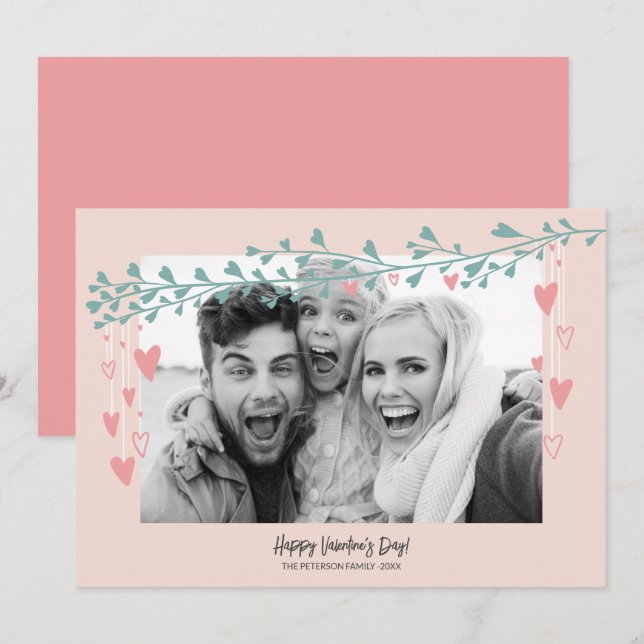 Modern family photo heart branch valentine day holiday card (Front/Back)