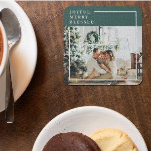 Modern Family Photo Joyful Merry Blessed Green Glass Coaster