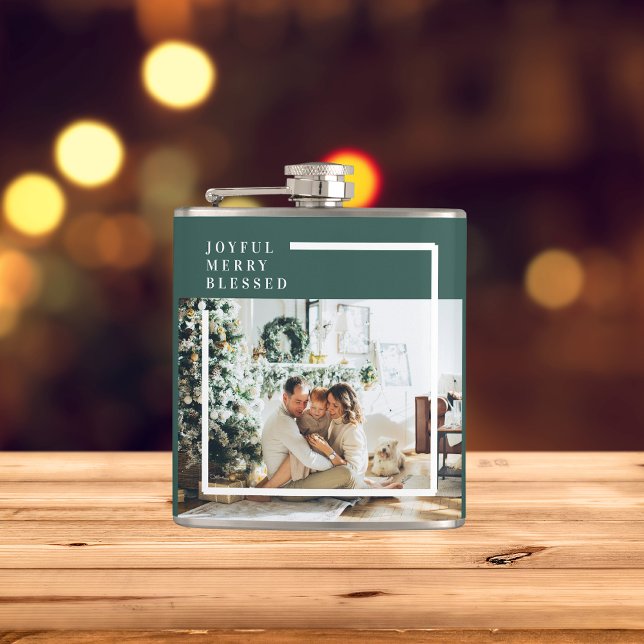 Modern Family Photo | Joyful Merry Blessed | Green Hip Flask (Creator Uploaded)