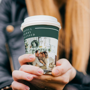 Modern Family Photo   Joyful Merry Blessed   Green Paper Cups