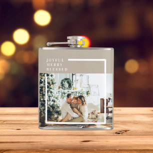 Modern Family Photo   Joyful Merry Blessed  Hip Flask