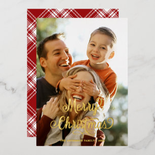 Modern Family  photo Merry Christmas Script Tartan Foil Holiday Card