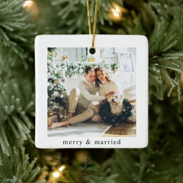 Modern Family Photo  Merry & Married Ceramic Ornament (Tree)