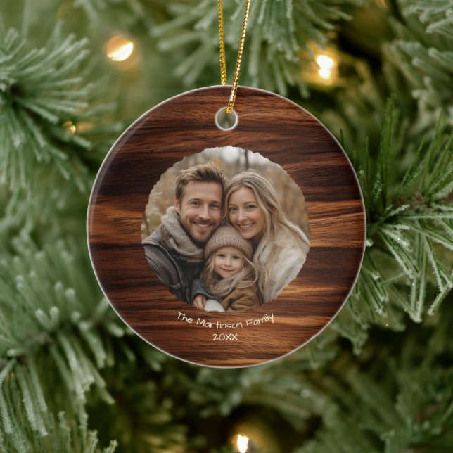 Modern Family Photo on Wood Personalised Christmas Ceramic Ornament (Tree)