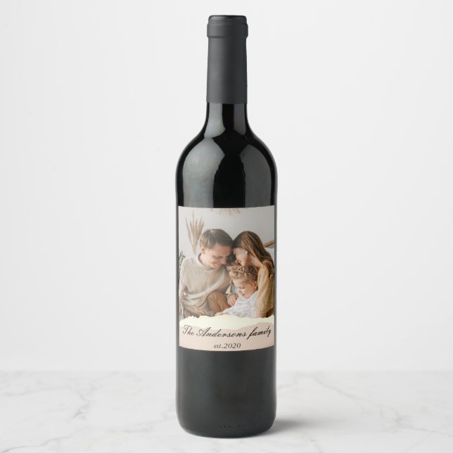 Modern Family Photo & Personalised Name Gift Wine Label (Front)