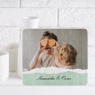 Modern Family Photo & Personalised Name Mint Gift Cutting Board
