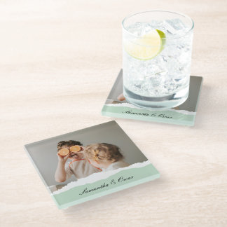 Modern Family Photo & Personalised Name Mint Gift Glass Coaster