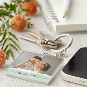 Modern Family Photo & Personalised Name Mint Gift Key Ring