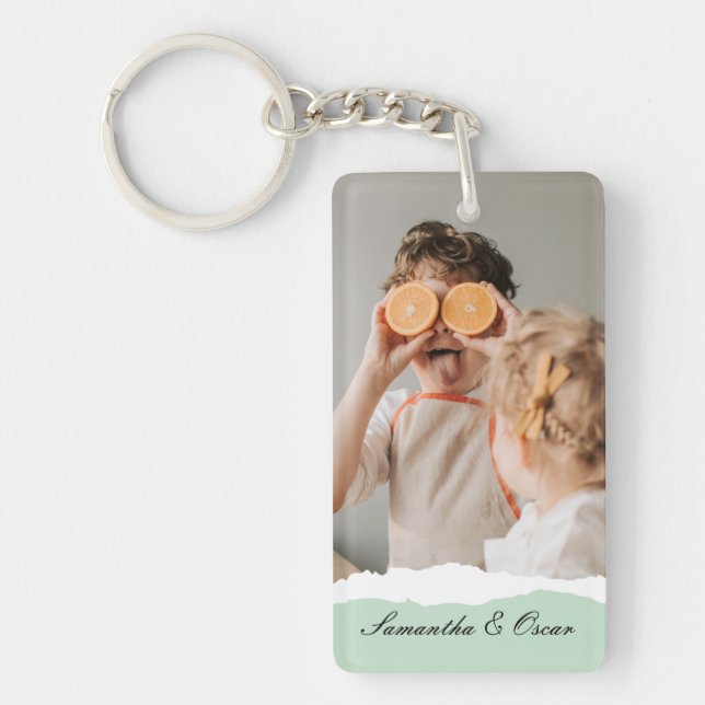 Modern Family Photo & Personalised Name Mint Gift Key Ring (Front)