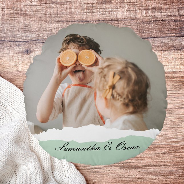Modern Family Photo & Personalised Name Mint Gift Round Cushion (Creator Uploaded)