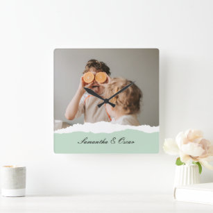 Modern Family Photo & Personalised Name Mint Gift Square Wall Clock