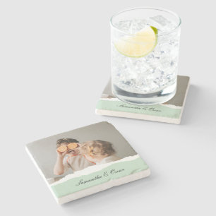 Modern Family Photo & Personalised Name Mint Gift Stone Coaster