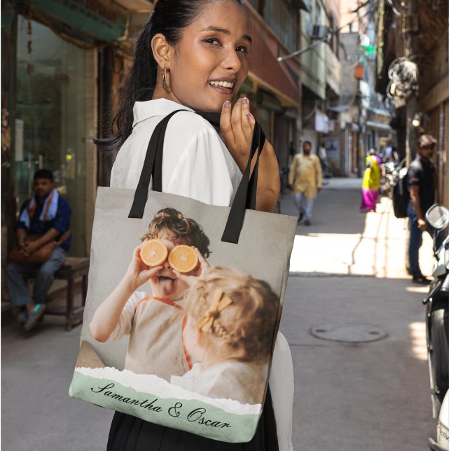 Modern Family Photo & Personalised Name Mint Gift Tote Bag (Creator Uploaded)