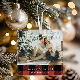 Modern Family Photo Red Buffalo Plaid Ceramic Ornament