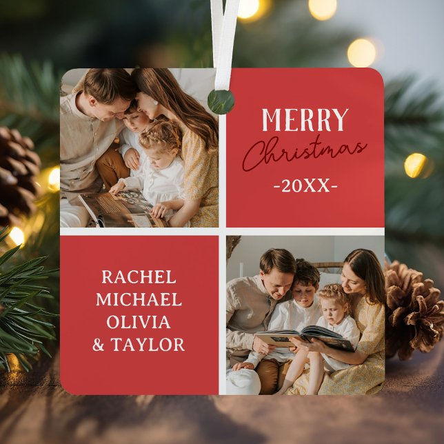 Modern Family Photo Red Merry Christmas Metal Tree Decoration (Creator Uploaded)