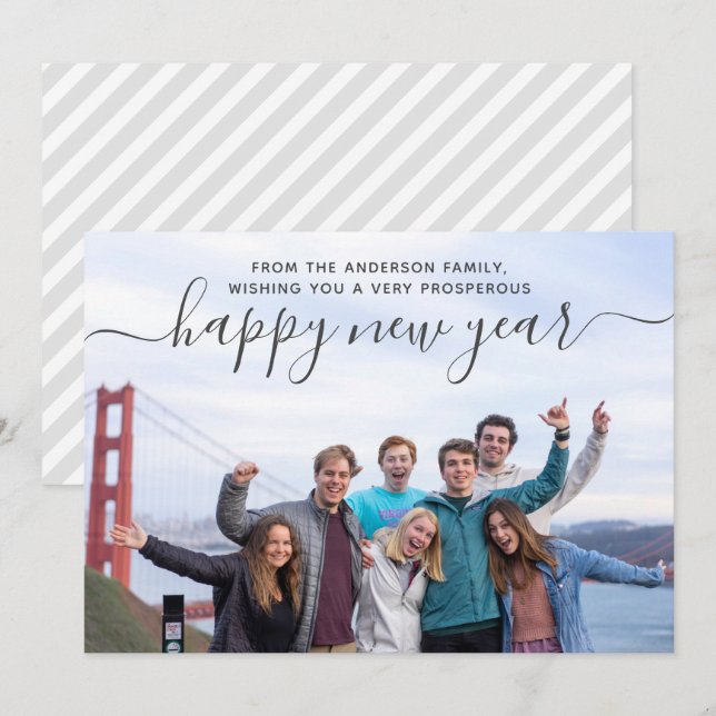 Modern Family Photo Script Happy New Year Holiday Card (Front/Back)