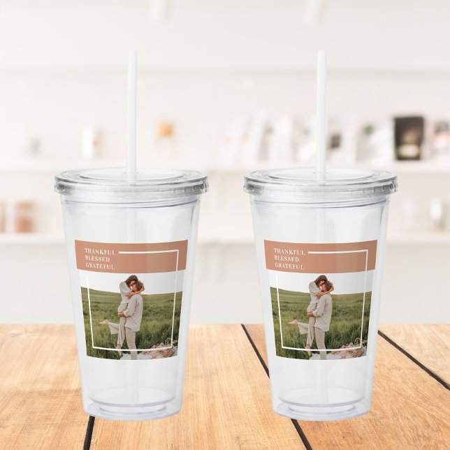 Modern Family Photo | Thankful Blessed Grateful Acrylic Tumbler (Creator Uploaded)