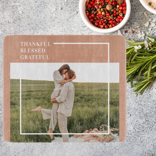 Modern Family Photo | Thankful Blessed Grateful Cutting Board (Creator Uploaded)