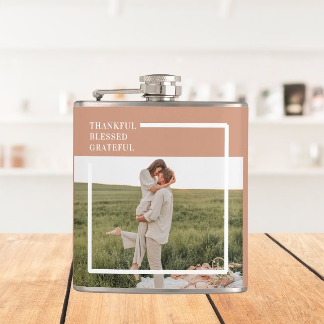 Modern Family Photo | Thankful Blessed Grateful Hip Flask (Creator Uploaded)