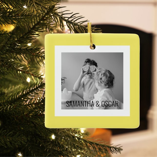 Modern  Family Photo Yellow Simple Lovely Gift  Ceramic Ornament (Creator Uploaded)