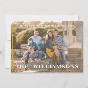 Modern Family Portrait Yellow and Blue Last Name Holiday Card