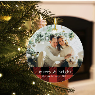 Modern Family Red Buffalo Plaid With Photo Ceramic Ceramic Ornament