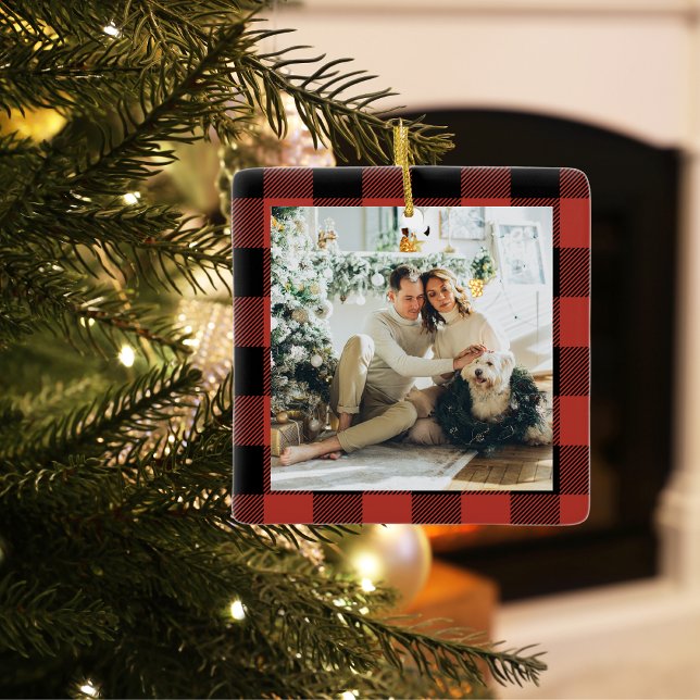 Modern Family Red Buffalo Plaid With Photo Ceramic Ornament (Creator Uploaded)