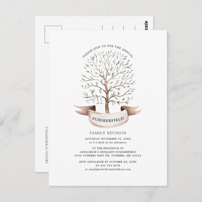 Modern Family Reunion Genealogy Tree Watercolor Postcard (Front/Back)