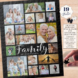 Modern FAMILY Scrip Photo Collage Name Black Jigsaw Puzzle<br><div class="desc">Easily create a fun family activity or pastime filled with memories with this modern photo collage puzzle featuring a variety of sizes and shapes for 19 photos and the title FAMILY in a chic handwritten script font dotted with a heart and personalised with the family's name. PHOTO TIP: For fastest/best...</div>