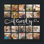 Modern Family Script 20 Photo Collage Chic Black Faux Canvas Print<br><div class="desc">Modern custom photo collage print with space for 20 photos surrounding a trendy swirly script reading FAMILY and your custom name below.</div>