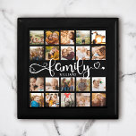 Modern Family Script 20 Photo Collage Chic Black Gift Box<br><div class="desc">Modern custom photo collage tray with space for 20 photos surrounding a trendy swirly script reading FAMILY and your custom name below.</div>